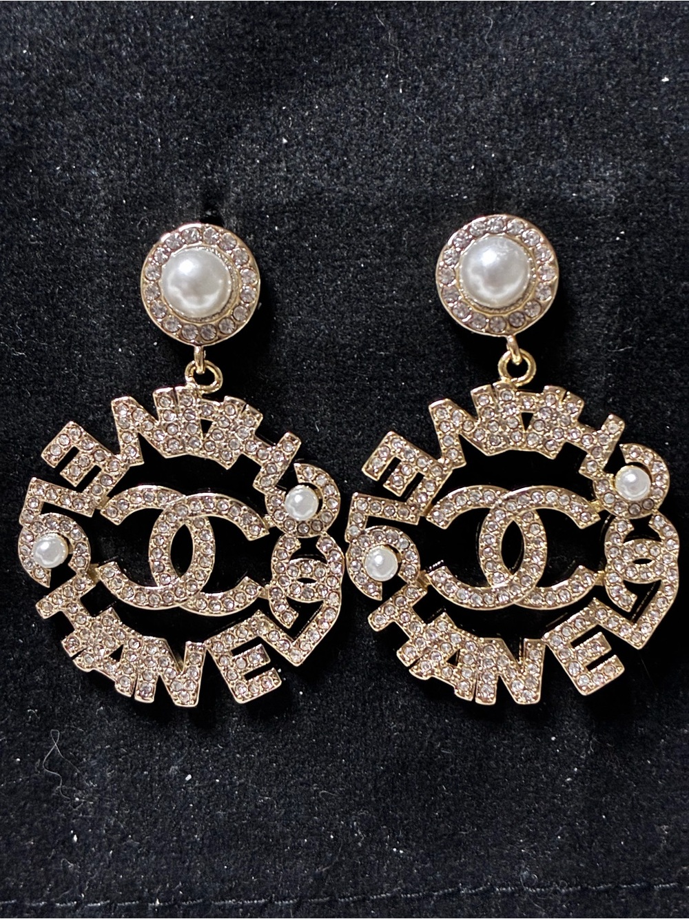 Double C Logo Spell Out Pearl and Crystal Accents Drop Swing Earrings